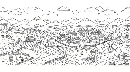 Fototapeta premium A detailed outline illustration of a charming rural village nestled in a vast mountainous landscape with fields and a winding road.