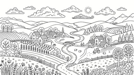 Fototapeta premium Charming rural landscape with a village, farms, rolling hills, and a winding river, presented in a delightful line art style.