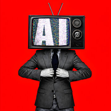 Businessman wearing a retro television set as a head with static noise