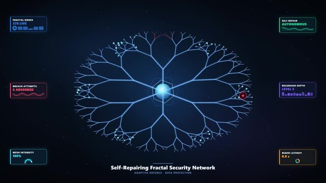 Animated Fractal Security Network Glowing and Regenerating Against Breach Attempts