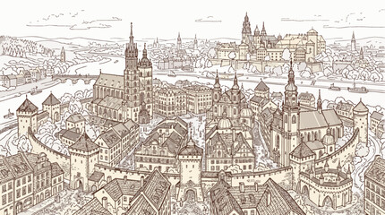 Obraz premium Detailed illustration of a historic European city with a river and bridges, seen from above.