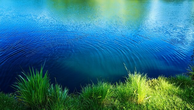Blue Water Pond With Ripples Surrounded By Green Grass