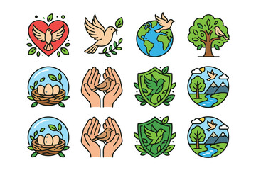 Fototapeta premium Colorful nature and peace icons set with birds and earth elements
