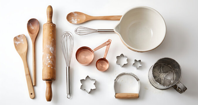 Flat lay of vintage baking utensils with rolling pin whisks measuring cups and cookie cutters