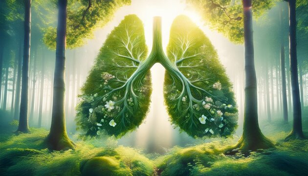 Transparent Lungs Formed Of Greenery In Misty Forest Tall Trees And Flowers Surrounding Soft Sunlight Filtering Symbolic Vision Of Earthrs Lungs Nature Breathing Oxygen And Balance