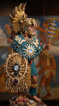 Aztec Jaguar Warrior Statue in Traditional Ceremonial Regalia with Headdress and Shield