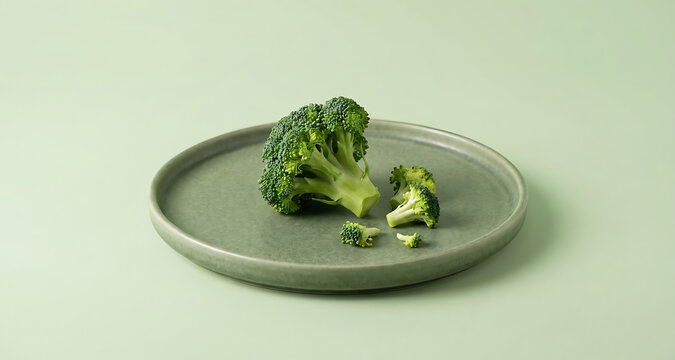 Fresh broccoli floret on a matte green ceramic plate against a soft green background