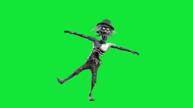Funny and creepy zombie dancing isolated on a green screen. Halloween 3D animation for greeting cards, invitations, posters, holiday events, parties