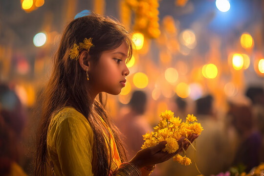 Young girl offering flowers at Durga pandal with glowing dusk lights.
