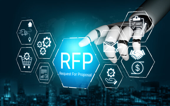 Futuristic robotic hand interacting with digital interface displaying Request For Proposal concept in a business technology environment. Bitwise.