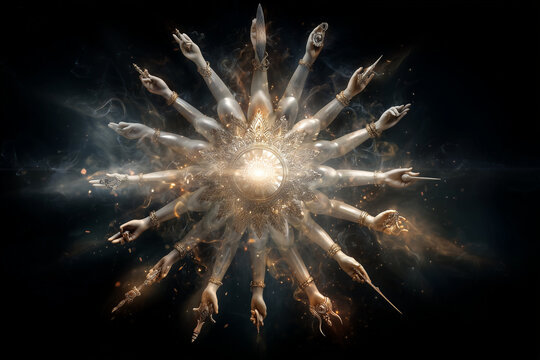  Conceptual image of Durga&rsquo;s ten symbolic hands radiating from light, with dramatic contrast and text space.
