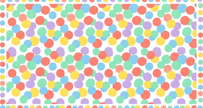 Playful seamless pattern of overlapping pastel confetti dots in coral yellow green and blue