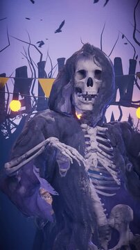 Halloween Party: Skeleton dancing in a creepy gothic cemetery. 3D animation for greeting cards, invitations, posters, events, and parties.