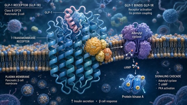 Molecular mechanism of glp-1 receptor activation in pancreatic beta cells highlighting adenylyl cyclase-mediated camp signaling pathways and protein kinase action