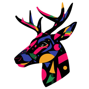 Colorful abstract deer head with geometric shapes and antler silhouette