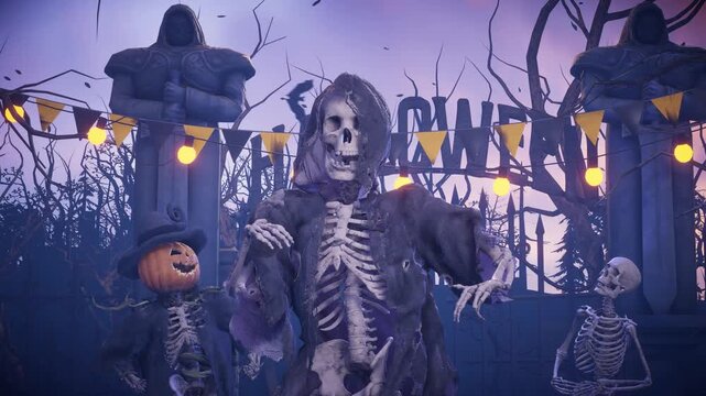 Halloween Party: Skeleton dancing in a creepy gothic cemetery. 3D animation for greeting cards, invitations, posters, events, and parties.