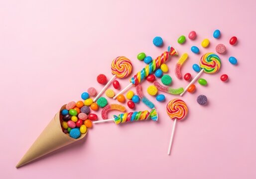 Colorful Hard Candies and Lollipops Scattered