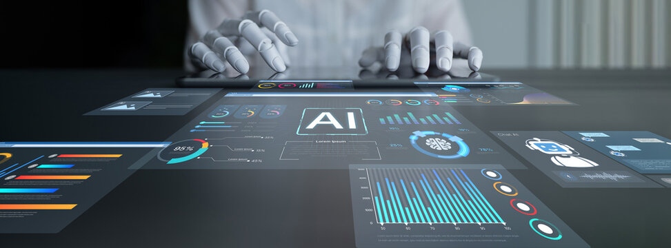 AI business intelligence interface featuring real-time AI data visualization, predictive AI model graphs, and automated report tools driven by AI artificial intelligence for business solution. Corpus