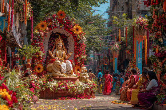 Street pandal with Durga idol and women dancing with dhunuchi during Navratri.
