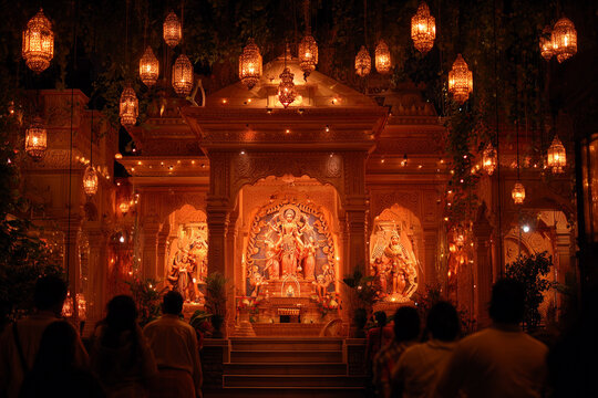 Traditional Durga Puja pandal illuminated with lights and clay idol in Kolkata.
