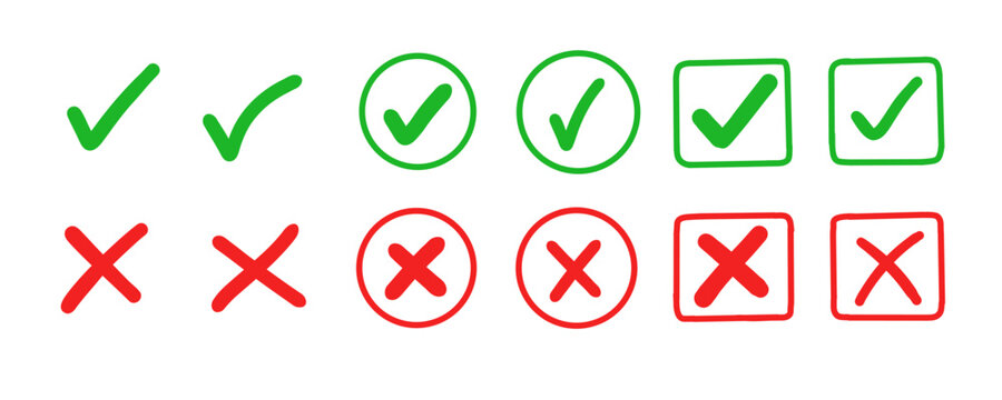 Hand drawn true false icon set with green check marks and red cross symbols, circle and square approval signs, correct wrong choice buttons for quiz, checklist, survey and decision design