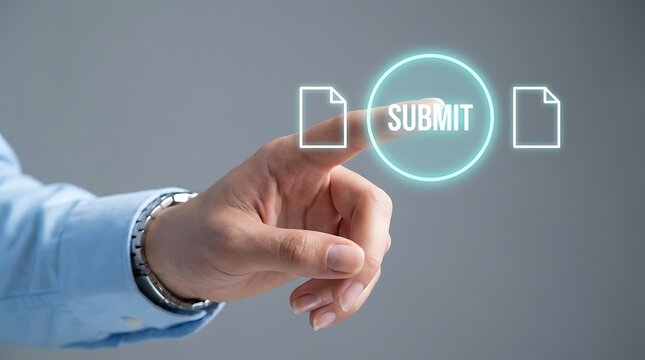 Hand pressing submit button icon with glowing teal circle on gray background