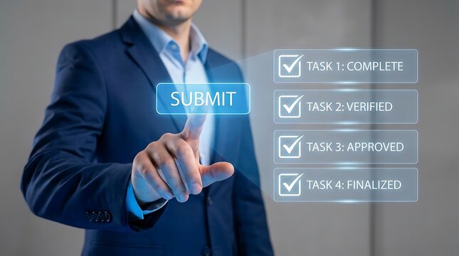 Man interacting with illuminated submit button and task completion indicators