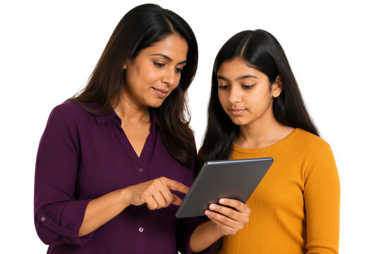 Woman and young girl looking at digital tablet together, isolated on transparent background. Family, learning, technology, education, lifestyle.