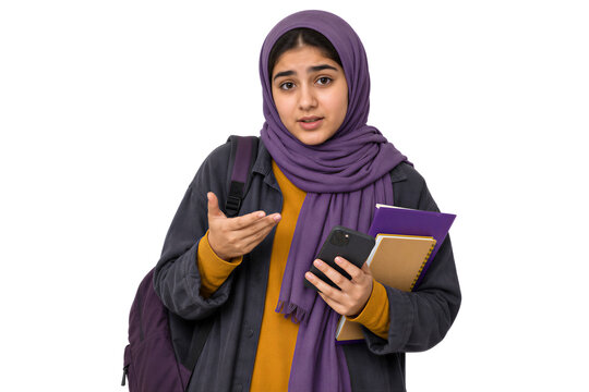 Young woman wearing hijab holding smartphone and notebooks, looking at camera with confused expression, isolated on transparent background. Education, student life, learning, communication.