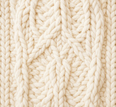 Cream white cable knit sweater fabric texture background close up
