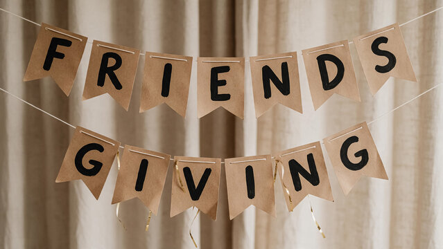 Friendsgiving bunting banner on kraft paper, rustic holiday party decoration, festive autumn celebration garland with black lettering