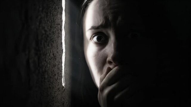 Terrified Woman Peeking Through Crack in Dark Room