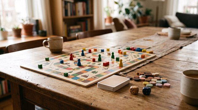 board game set up on rustic wooden table with cards, dice, and pawns