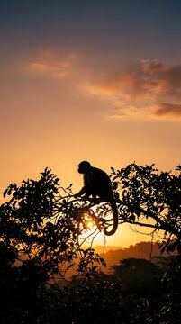 Monkey silhouette perched on tree branch at golden sunset, wildlife in natural habitat