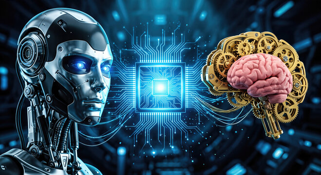 Futuristic Cyborg and Mechanical Brain Connected to Microchip Processor Illustrating Artificial Intelligence Concept