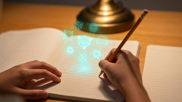 Close up of homework with floating AI hint shapes above