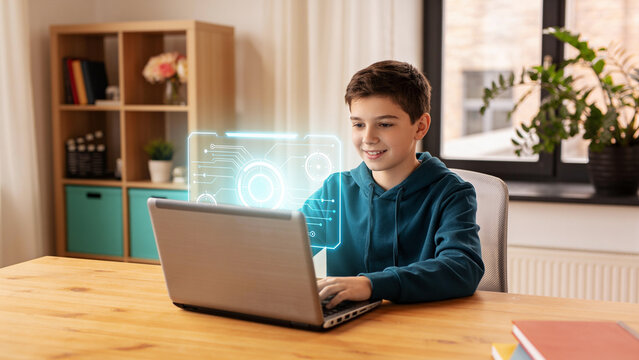 Young learner with a laptop and floating AI helper hologram