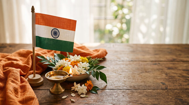 indian flag with burning oil lamp diya and flowers on wooden table