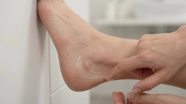 Person applying ointment to blister on foot in a bathroom setting  