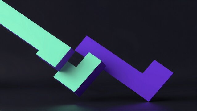 digital art piece appears rendering has dark background gradient effect side bright green arrow pointing upwards purple arrow pointing downwards right side arrow two overlapping triangles one green