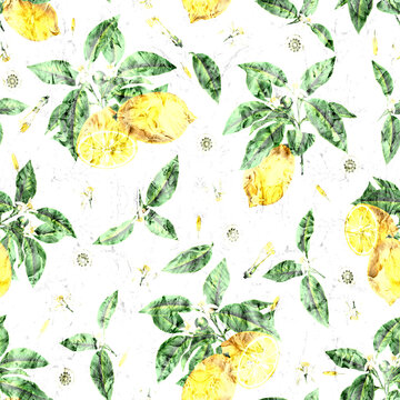 Vintage watercolor lemon citrus seamless pattern with bright yellow lemons sliced fruit green leaves and delicate blossoms on clean white background Mediterranean botanical illustration for fashion ap