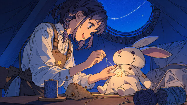 Girl sewing a plush rabbit by a starry attic window，星空の見える屋根裏部屋でウサギのぬいぐるみを縫う少女