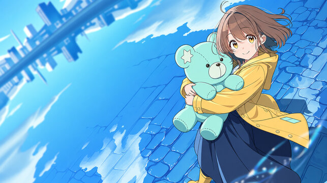 Girl in a yellow raincoat hugging a teddy bear after rain，雨上がりに黄色いレインコートでテディベアを抱きしめる少女