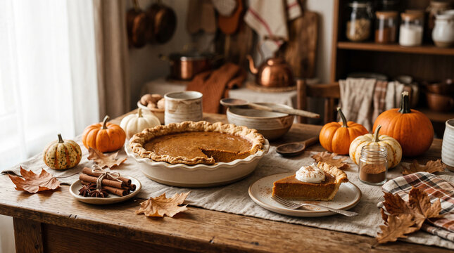 thanksgiving pumpkin pie and autumn decorations on a wooden table