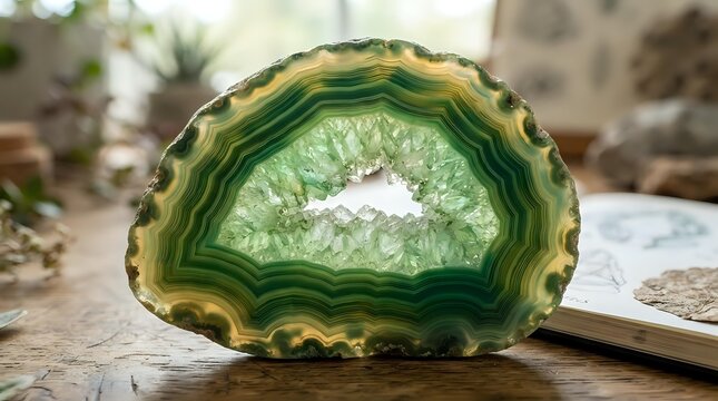 Polished green agate geode with white crystalline center displaying natural banding patterns