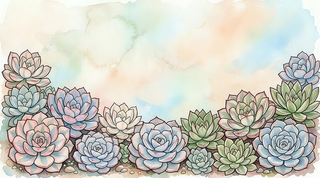 Watercolor succulent plants arranged in a row with soft pastel tones and delicate botanical line art