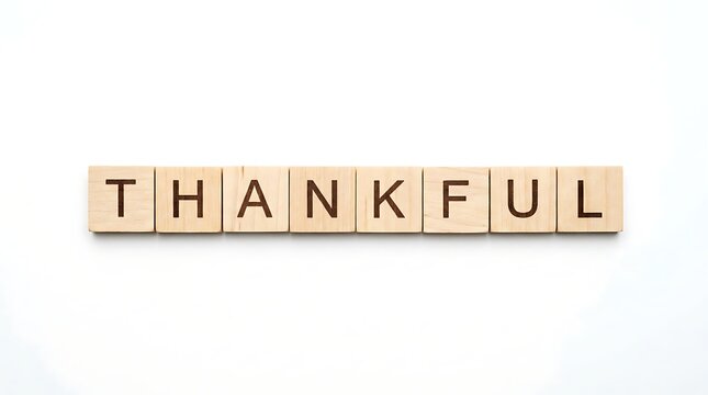 The word thankful spelled out with wooden letter tiles on a clean white background for holiday themes