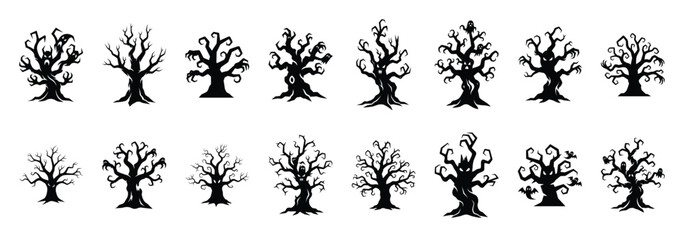 Fototapeta premium Collection of halloween haunted tree silhouette vector illustration icon set. Halloween collection silhouette celebration icons.