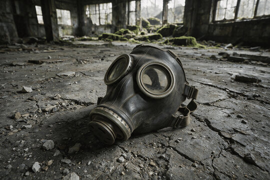 Old Military Gas Mask Resting on Debris in Decaying Abandoned Industrial Building