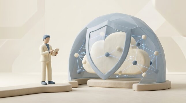3D Businessman Managing Secure Cloud Computing Infrastructure
